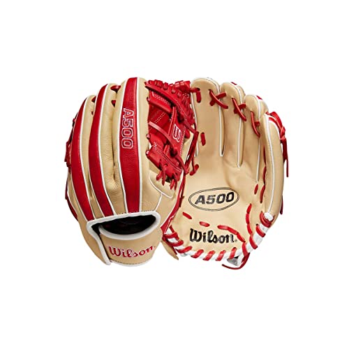 WILSON A500 11” Utility Youth Baseball Glove - Right Hand Throw, Blonde/Red/White