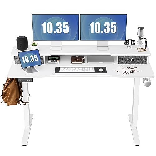 DUMOS 55 Inch Electric Standing Desk with Double Drawers Height Adjustable Sit Stand Up PC Work Table Ergonomic Rising Home Office Computer Workstation with Storage Shelf