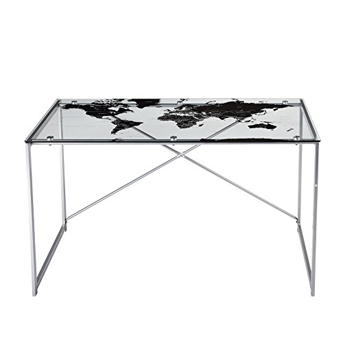 Target Marketing Systems World Map Desk with a Clear Tempered Glass Top, Silver