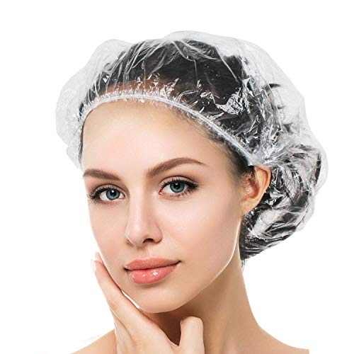 Auban 100PCS Disposable Shower Caps, Plastic Clear Hair Cap Large Thick Waterproof Bath Caps for Women, Hotel Travel Essentials Accessories Deep Conditioning Hair Care Cleaning Supplies(19.3')