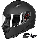ILM Full Face Motorcycle Street Bike Helmet with Removable Winter Neck Scarf + 2 Visors DOT Model-JK313 (L, Matte Black)
