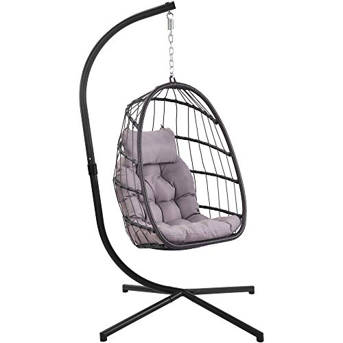Patio Hanging Egg Chair with Stand Swing Chair,Basket Swinging Chair,Porch Chaise Lounge Chair,Rattan Wicker Hammock Chair with Deep Cushion for Indoor Outdoor Home Bedroom Backyard Balcony (Gray)
