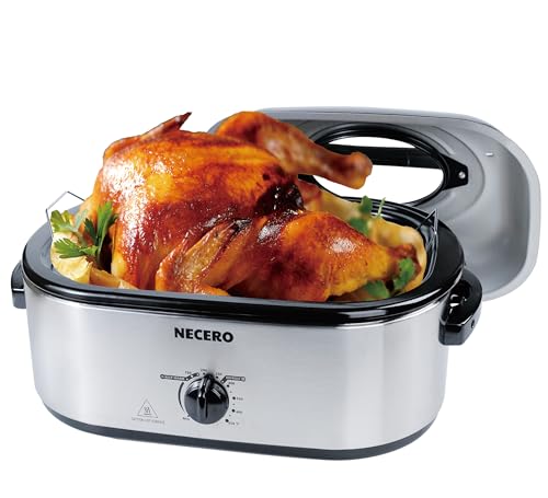NECERO Roaster Oven,26Qt Electric Roaster Oven with Self-Basting Lid, Removable Pan, Cool-Touch Handles, 1450W Stainless Steel Roaster Oven, Silver