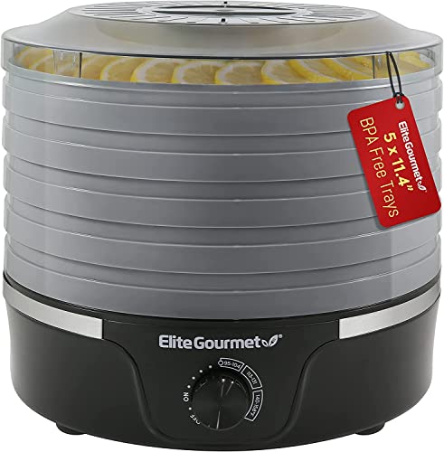 Elite Gourmet EFD319BNG Food Dehydrator, 5 BPA-Free 11.4' Trays Adjustable Temperature Controls, Jerky, Herbs, Fruit, Veggies, Dried Snacks, Black and Grey, 5 Trays