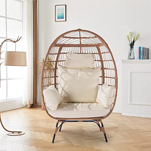 Wicker Egg Chair with Stand Outdoor Indoor Oversized Lounger Rattan Peacock Egg Basket Chair for Patio Backyard Porch Comfy Outdoor Reading Chair Bedroom Lounge Chair Yellow Beige