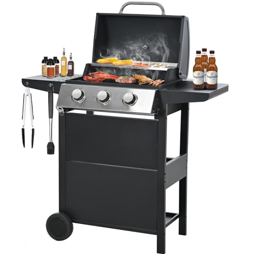 iCapeson Patio Propane Gas Grill Stainless Steel, 3-Burner BBQ Grill with Top Cover Lid, Wheels, and 2 Side Shelves, for Outdoor Patio Garden Picnic Backyard, Black