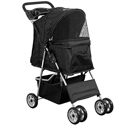 VIVO Black 4 Wheel Pet Stroller for Cat, Dog and More, Foldable Carrier Strolling Cart, STROLR-V001K