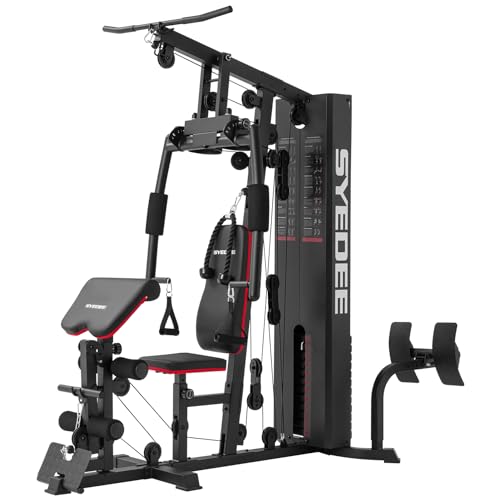 syedee Home Gym Station, 150LB Weight Stack Multifunctional Home Gym Equipment for Full Body Strength Training Workout, LAT Pulldown Pulley System, Chest/Leg Exercise and Preacher Curl Fitness