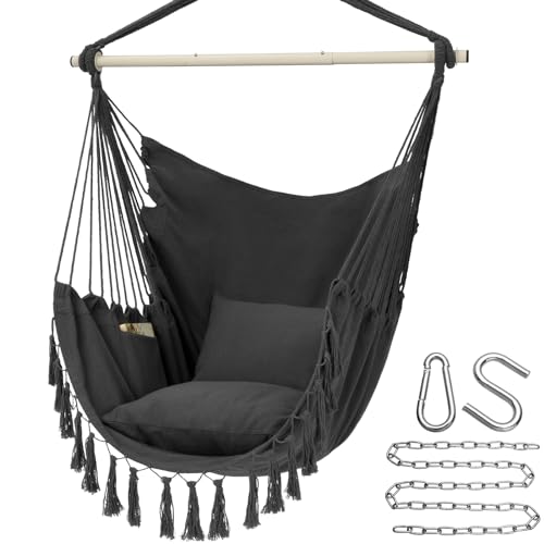 Y- Stop Hammock Chair Hanging Rope Swing, Max 500 Lbs, 2 Cushions Included, Large Macrame Hanging Chair with Pocket, Cotton Weave for Superior Comfort, Durability (Dark Grey)