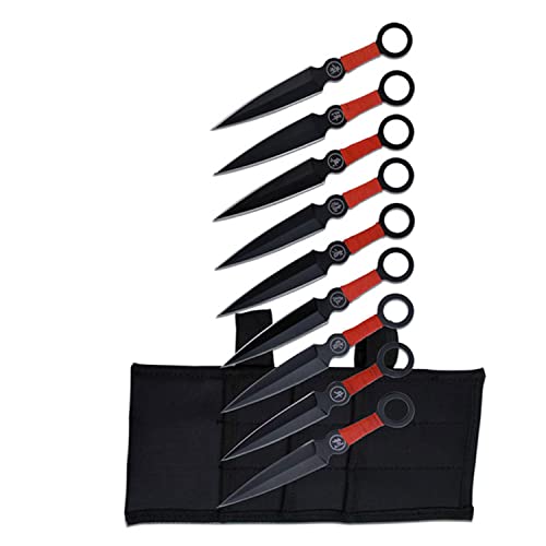 Perfect Point Throwing Knife Set – Set of 9 Throwers, Black Stainless Steel Blades w/ Red Cord Wrapped Handles w/ Chinese Inscription, Nylon Sheath, Well Balanced, Sport Knives – PP-060-9