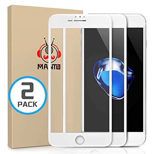 MANTO Screen Protector for iPhone 8 Plus, iPhone 7 Plus, iPhone 6S Plus, iPhone 6 Plus 5.5 Inch Full Coverage Tempered Glass Film Edge to Edge Protection 2-Pack, White