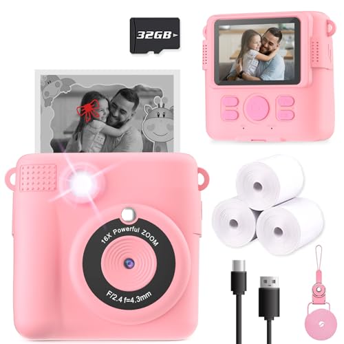 ESOXOFFORE Instant Print Camera for Kids, Christmas Birthday Gifts Girls Boys Age 3-12, HD Digital Video Cameras Toddler, Portable Toy 3 4 5 6 7 8 9 10 Year Old Girl with 32GB SD Card-Pink
