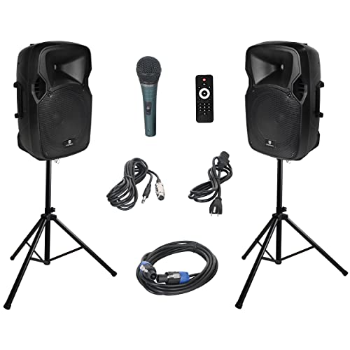 PRORECK Party 12 12-Inch 1000 Watts 2-Way Powered PA Speaker System Combo Set with Bluetooth/USB Drive Read Function/SD Card Reader/ FM Radio/Remote Control/Speaker Stand