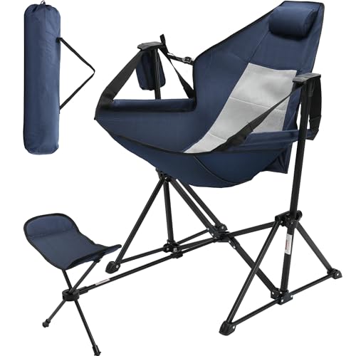 Rengue Hammock Camping Chair, Folding Camping Chairs with Retractable Footrest, Adjustable Backrest, Headrest, Cup Holder Portable Outdoor Lawn Chairs for Camping, Fishing, Hiking (Dark Blue)