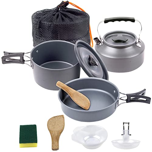 Outdoor Camping Cookware Set with Pot Pan and Kettle，Camping Cookware Mess Kit Portable Hiking Backpacking Cooking Pot Set Survival Cooking Gear Lightweight Cookware（A-Black）