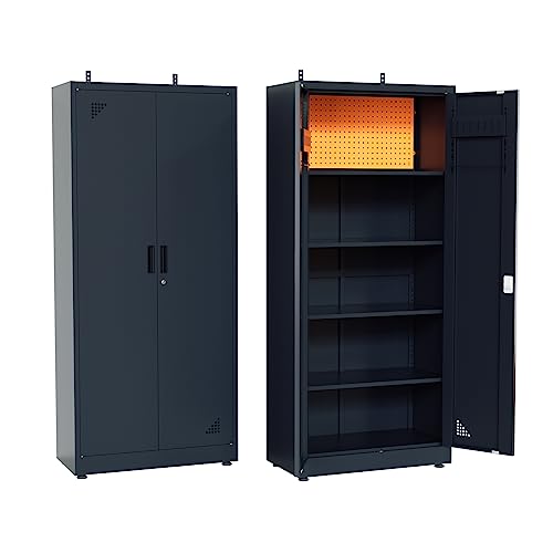 Garage Storage Cabinet 71' Tall Metal Storage Cabinet with 2 Doors and 4 Adjustable Shelf Height and Leg Levelers Includes Pegboard and Accessories for Office, Home, School, Garage