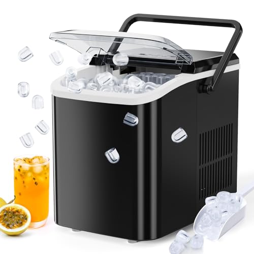 OLIXIS Portable Ice Maker Countertop with Ice Scoop, Basket and Handle, 9 Ice Cubes in 6 Minutes, 26.5lbs/24Hrs, Self-Cleaning with 2 Sizes of Bullet Ice for Kitchen, Office, Bar, Party - Black