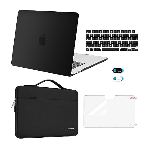 MOSISO Compatible with MacBook Air 15 inch Case 2023 2024 Release M3 A3114 M2 A2941 with Touch ID, Plastic Hard Shell&Carrying Sleeve Bag&Keyboard Cover&Webcam Cover&Screen Protector, Black