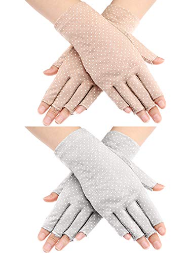 Maxdot Fingerless Gloves Non Slip UV Protection Driving Gloves Summer Outdoor Gloves for Women and Girls (Gray and Khaki, 2)