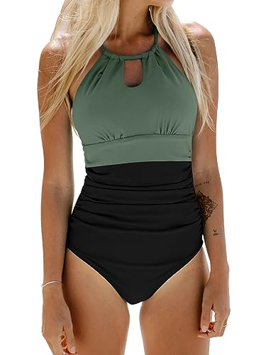CUPSHE Women Swimsuit One Piece Tummy Control Ruched Lace Up Cutout Color Block Bathing Suit, L
