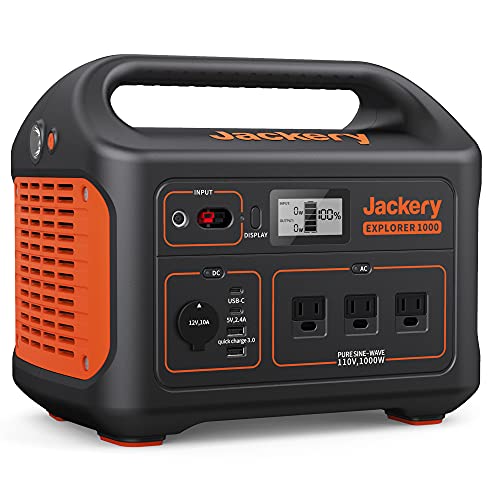 Jackery Explorer 1000 Portable Power Station, 1002Wh Capacity with 3x1000W AC Outlets, Solar Generator for Home Backup, Emergency, Outdoor Camping (Solar Panel Optional)