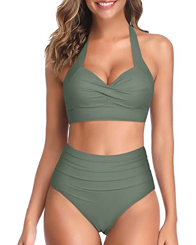 Tempt Me Women's Vintage Swimsuits Olive Green Retro Halter Ruched High Waist Bikini with Bottom M