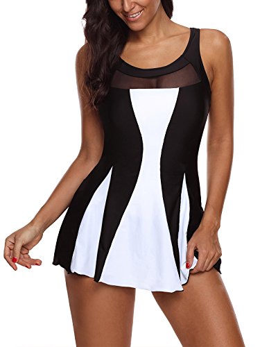 Zando Women One Piece Swimdress for Girls Tummy Control Swim Dress Swimwear Slimming Skirt Swimsuits Bathing Suit Dress Black White M (US 6-8)