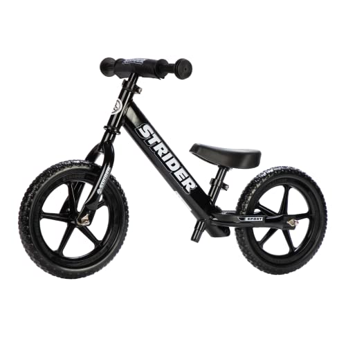 Strider 12” Sport Bike, Black - No Pedal Balance Bicycle for Kids 18 Months to 5 Years - Includes Safety Pad, Padded Seat, Mini Grips & Flat-Free Tires - Tool-Free Assembly & Adjustments