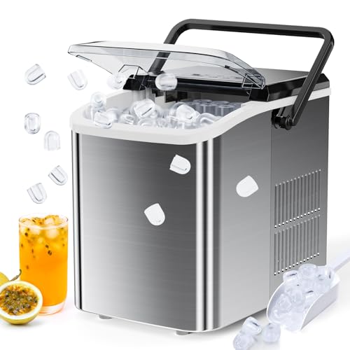 OLIXIS Portable Ice Maker Countertop with Ice Scoop, Basket and Handle, 9 Ice Cubes in 6 Minutes, 26.5lbs/24Hrs, Self-Cleaning with 2 Sizes of Bullet Ice for Kitchen, Office, Bar, Party - Silver