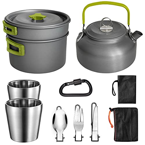 Gold Armour 10pcs Camping Cookware Mess Kit, Lightweight Pot Pan Kettle with 2 Cups, Fork Spoon Kit for Backpacking, Outdoor Camping Hiking and Picnic (Green)