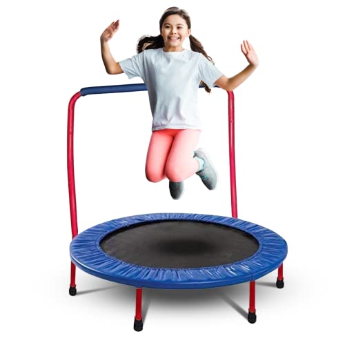 GYMENIST Kids Trampoline Portable & Foldable - 36 Inch. Durable Construction with Padded Frame Cover and Handle Bar - Red Blue (Red - Blue)