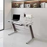 Techni Mobili Home Office Workstation with Sturdy Chrome Base, Glass Computer Desk