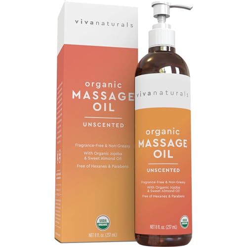 Viva Naturals Organic Massage Oil (8 fl. oz.) - Unscented Body Massage Oil for Massage Therapy - Perfect for Home & Professional Massages - Non-Greasy and Non-Sticky Formula