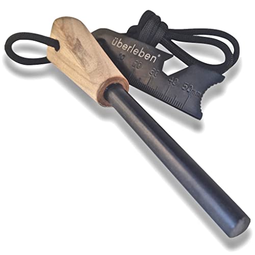 überleben Zünden Fire Starter - The Pro - Traditional Ferro Rod with Handcrafted Wood Handle - 3/8' Thick Fire Steel with 15,000 Strikes - Survival Igniter with Neck Lanyard & Multi-Tool Striker