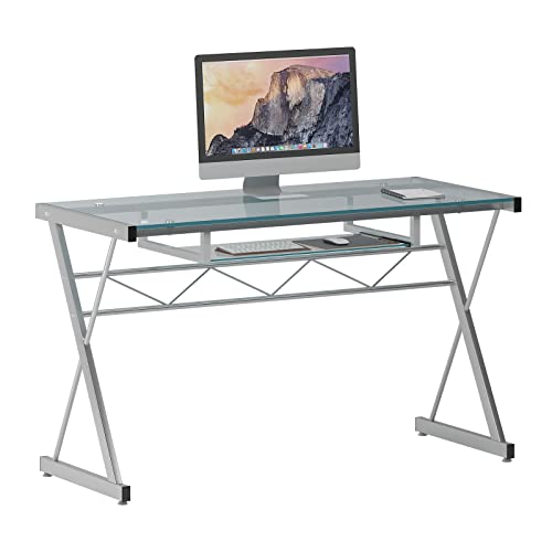 SogesHome 47’’ Glass Computer Desk, Home Office Gaming Table, Writing Working Table with Key Board, Glass Table with X Base for Work, Study, Play