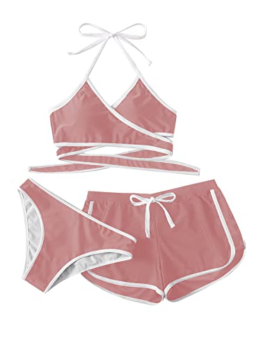 SweatyRocks Women's Three Piece Swimsuit Leaf Print Wrap Halter Top with Shorts Bikini Set Solid Dusty Pink XL