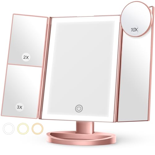 Lighted Makeup Mirror with 3 Color Lighting, Mirror with Extra Round 10X Magnifying Mirror, 72 LED Vanity Mirror, 10x 3X 2X Magnification, Touch Control, Dual Power Supply, Gift for Woman(Rose Gold)