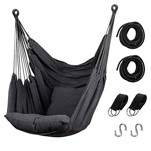 Hammock Chair Hanging Rope Swing, Max 300 Lbs Hanging Chair with Pocket- Quality Cotton Weave for Superior Comfort & Durability Perfect for Outdoor, Home, Bedroom, Patio, Yard (Dark Gray)