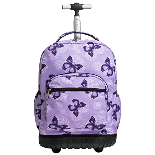 SKYMOVE 18 inches Wheeled Rolling Backpack Multi-Compartment College Books Laptop Bag Business Trip Carry-on, Purple Butterflies