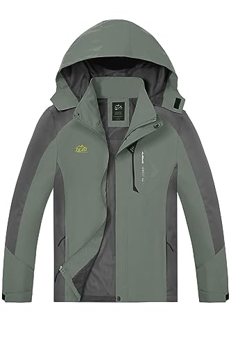 TEZO Mens Rain Jacket Waterproof with Hooded Hiking Coat Lightweight Windbreaker(AG/GY XL)