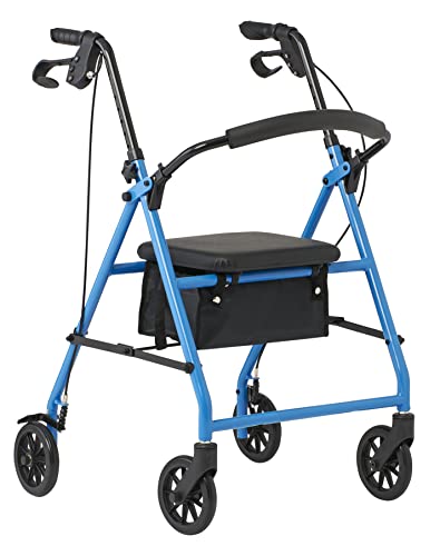 Medline Mobility Lightweight Folding Steel Rollator Walker with 6-inch Wheels, Adjustable Seat and Arms, Light Blue