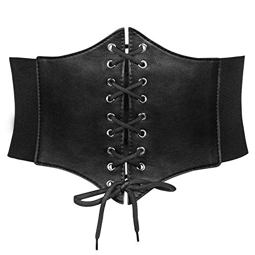 Women’s Elastic Costume Waist Belt Lace-up Tied Waspie Corset Belts for Women Halloween by JASGOOD,01-Black,Fits Waist 27-30 Inches