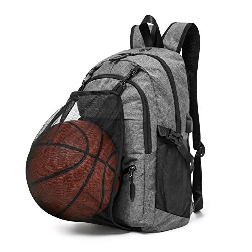 Basketball Backpack Bag for Laptop ,Sports Soccer with Ball Compartment，Grey
