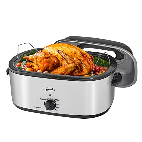 Roaster Oven 24 Quart - Electric Roaster Oven Turkey Roaster Oven Electric Buffet with Self-Basting Lid, Removable Pan and Rack, Full-Range Temperature Power 1450W Stainless Steel Roaster Oven, Silver