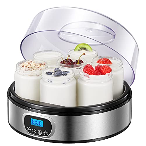 Ke- Yogurt Maker Machine - Automatic Digital Yogurt Maker with Timer Control & LCD Display, Includes 7 Glass Jars 47 oz and Setting Lids for Instant Storage, Stainless Steel Body, EP2305