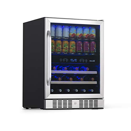 NewAir 24” Wine and Beverage Refrigerator Cooler, 20 Bottle and 70 Can Capacity, Built-in or Freestanding Dual Zone Fridge in Stainless Steel with Splitshelf ™ AWB-400DB