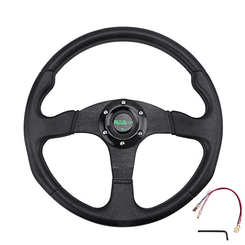 RASTP Universal Racing Steering Wheel 13.8”/350mm 6 Bolts Grip Vinyl Leather & Aluminum with Horn Button for Car-Black