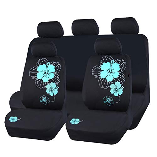 Outlet Universal Hibiscus Flower Car Seat Covers, Cute Mint Flower Seat Covers Full Set with Airbag Compatible Fit Sedans,Cars,Vans,Suitable for Women & Girly (Black and Mint)