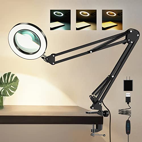 5X Magnifying Glass with Light, Lighted Magnifying Glass Magnifying Lamp 3 Color Modes Stepless Dimmable 8-Diopter Real Glass Lens Magnifier with Light Desk Lamp Clamp Swivel Arm for Crafts Workbench