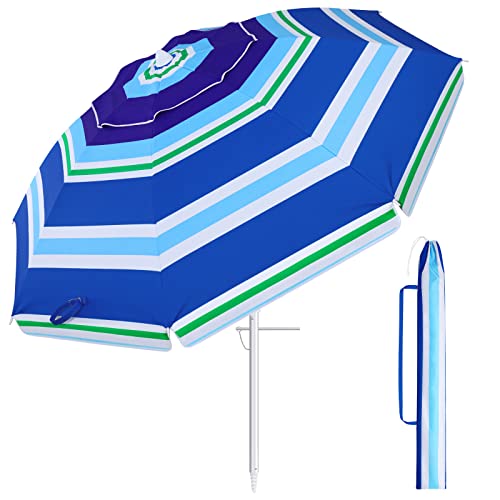 Beach Umbrella for Sand Wind Portable: 7FT Arc Length 6.5FT Diameter Heavy Duty Wind Resistant Striped Large Umbrellas UV 50+ Parasol with Anchor Screw Adjustable Height Tilting Pole 8 Ribs Carry Bag Lightweight